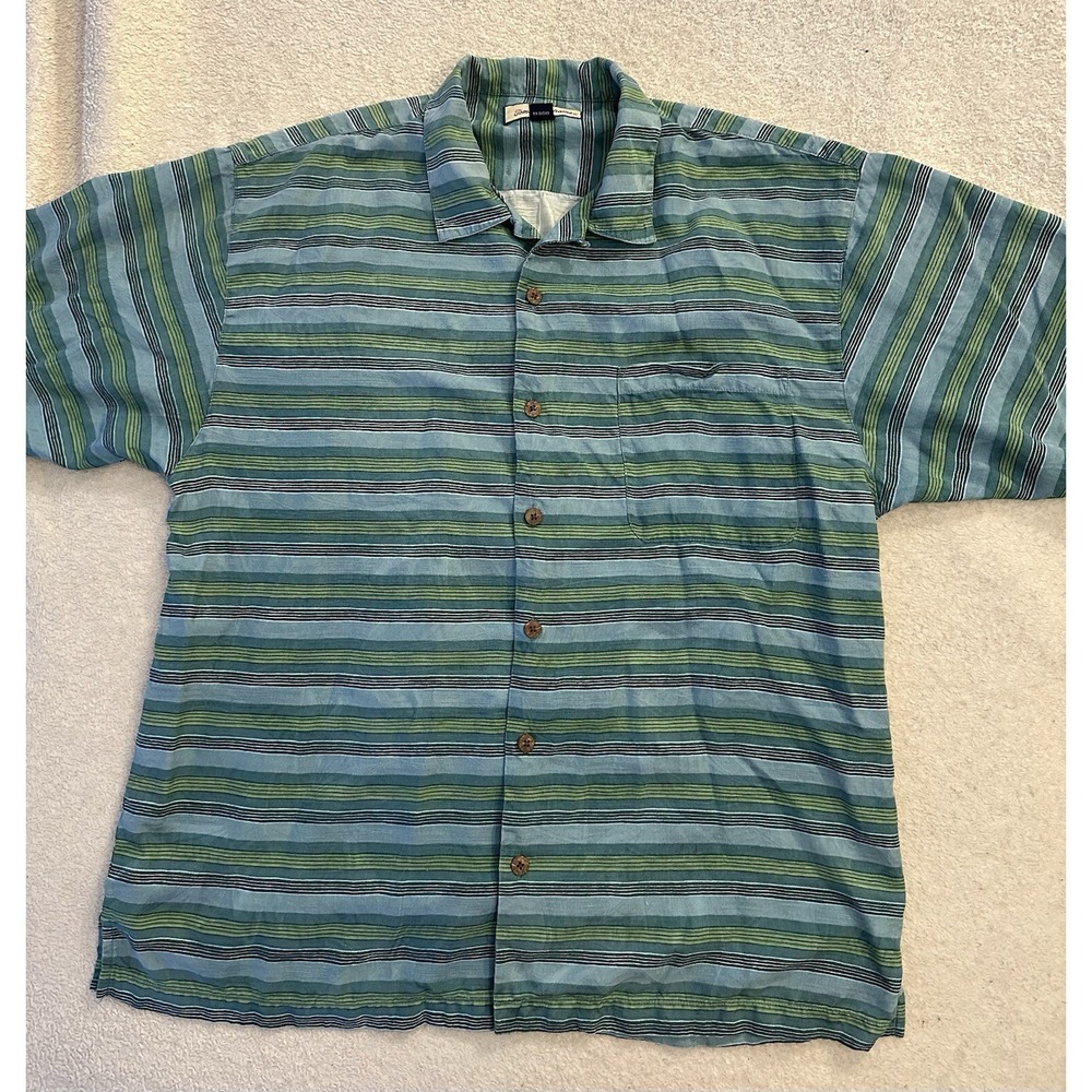 Tommy Bahama Men's Large Shirt Striped‎ Button Up Short Sleeve  100% Silk